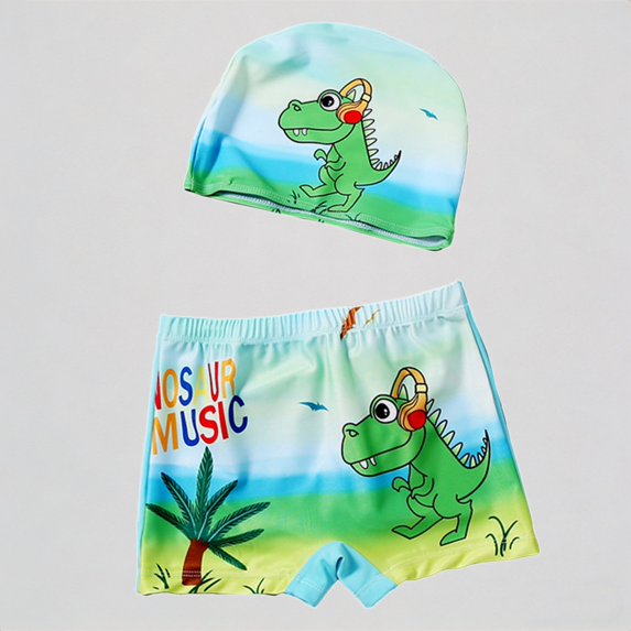 REDARER Toddler Boys' Swim Set – Dinosaur Print Trunks + Matching Swim Cap, Beach Bathing Suit,4-5 Years