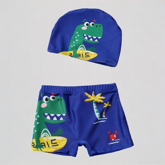 REDARER Toddler Boys' Swim Set – Dinosaur Print Trunks + Matching Swim Cap, Beach Bathing Suit,5-6 Years