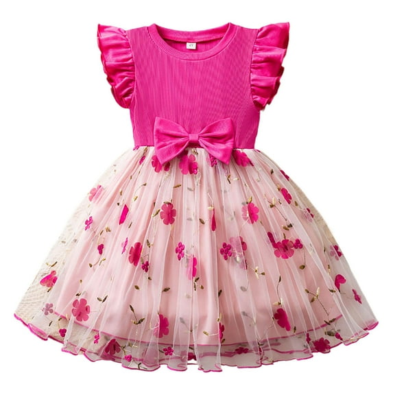 REDARER Toddler Girl Princess Dress Floral Embroidery Tulle Skirt Ruffle Puffed Sleeve Large Bow Waist Casual Party Dress,4-5 Years