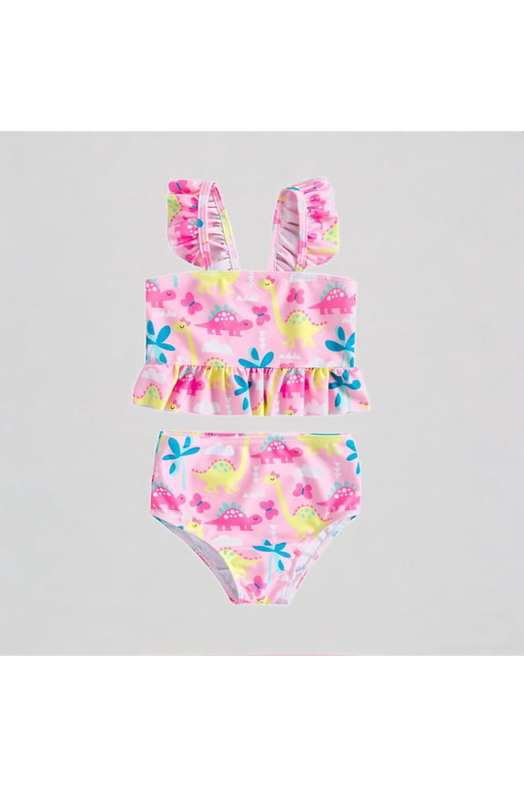 Toddler Girl's 2-Piece Bikini Set: Dinosaur Print + Ruffled Details – Playful Summer Beach Bathing Swimwear,12-24 Months