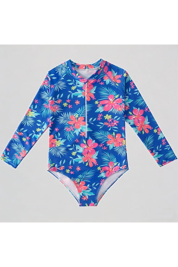 Toddler Girl's Long-Sleeve Onesie Swimsuit: Tropical Floral Print + Zipper Design – Summer Beach Bathing Swimwear,12-18 Months