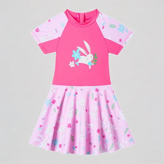 REDARER Toddler Girls' 1-Piece Swim Dress – Bunny Print Short-Sleeve Rash Guard + Ruffled Skirt, Cute Beach Bathing Suit,2-3 Years