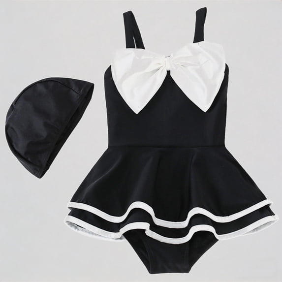REDARER Toddler Girls 2-Piece Swim Set – Bowknot Swimsuit + Matching Cap, Ruffled Hem Design, Cute Stylish Style for Summer Beach Outdoor Play,7-8 Years