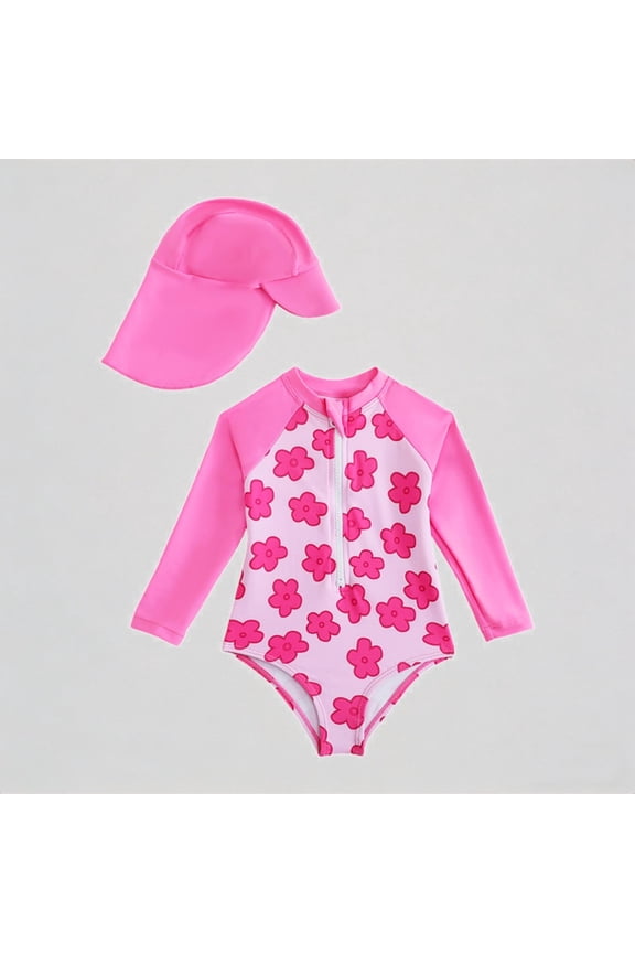 Toddler Girls' 2-Piece Swim Set – Floral Print Long-Sleeve Rash Guard + Matching Swim Cap, Adorable Beach Swimwear,9-12 Months