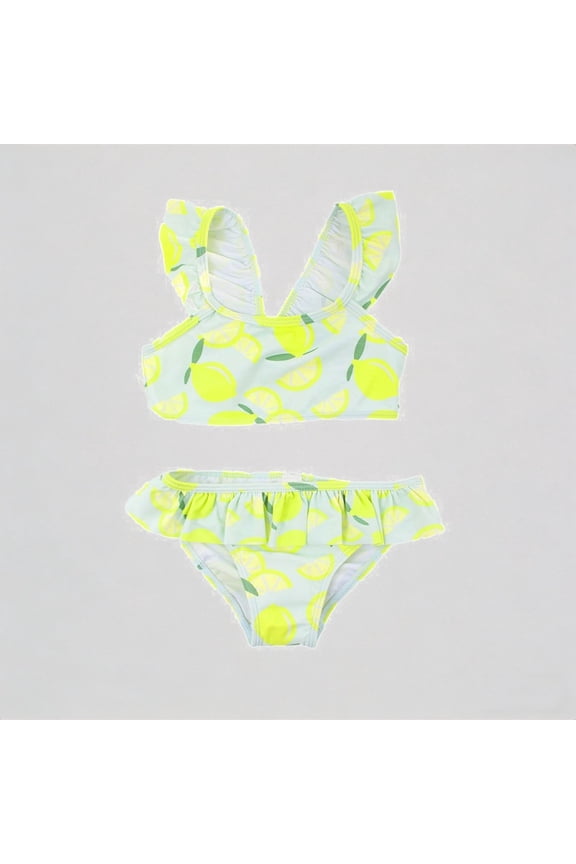 Toddler Girls' 2-Piece Swim Set – Lemon Print Sleeveless Top + Ruffled Bottoms, Bright Summer Beach Bikini,6-7 Years