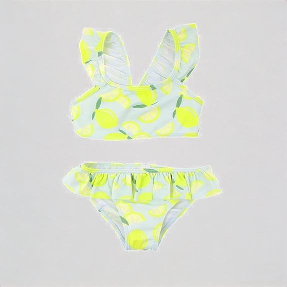REDARER Toddler Girls' 2-Piece Swim Set – Lemon Print Sleeveless Top + Ruffled Bottoms, Bright Summer Beach Bikini,6-7 Years