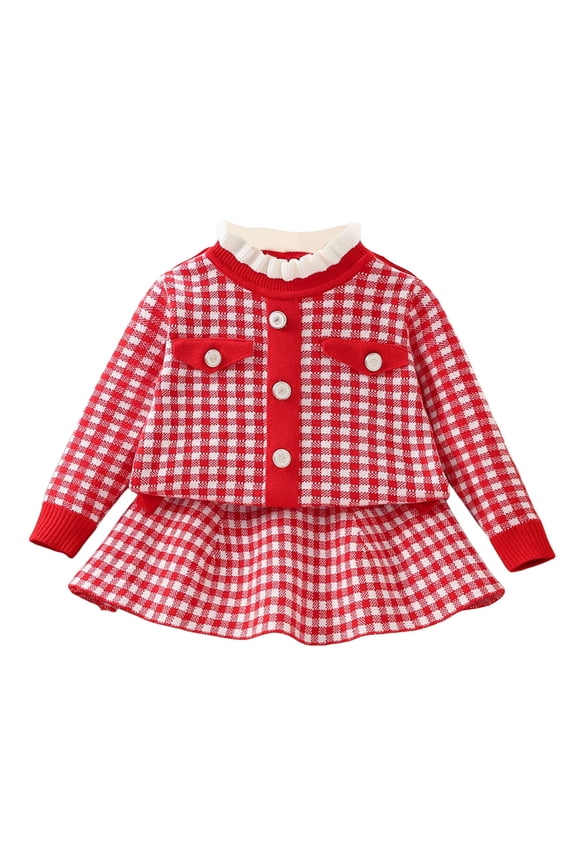 Toddler Girls 2PC Set: Plaid Knit Top & Skirt, Fall Casual Dressy Outfit, Kids Sets Clothes, for Size 3-4 Years