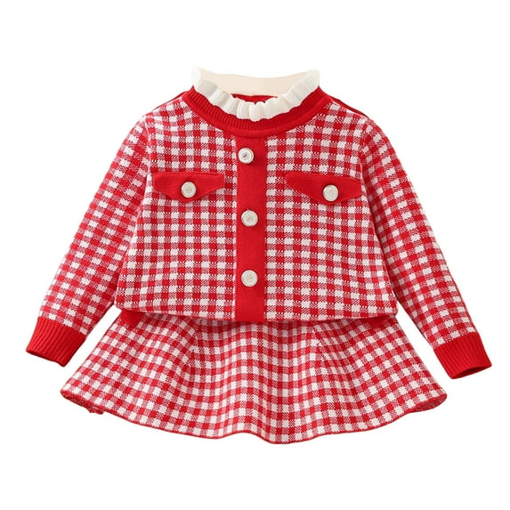 REDARER Toddler Girls 2PC Set: Plaid Knit Top & Skirt, Fall Casual Dressy Outfit, Kids Sets Clothes, for Size 5-6 Years