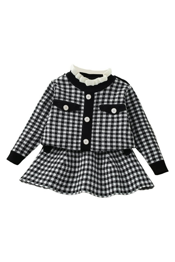 Toddler Girls 2PC Set: Plaid Knit Top & Skirt, Fall Casual Dressy Outfit, Kids Sets Clothes, for Size 5-6 Years