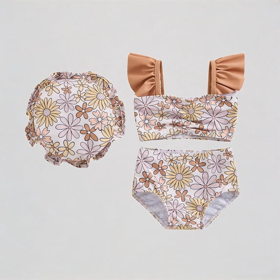 REDARER Toddler Girls 3-Piece Swim Set – Daisy & Wave Print Bikini, Ruffled Shoulder Top & Matching Cover-Up, Cute Style for Summer Beach Play,18-24 Months