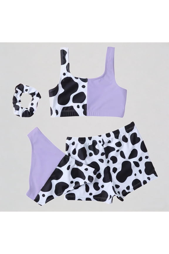 Toddler Girls 4-Piece Swim Set: Cow Print & Color-Block, Scrunchie Included – Adorable Summer Beach Bathing Swimwear,9-10 Years