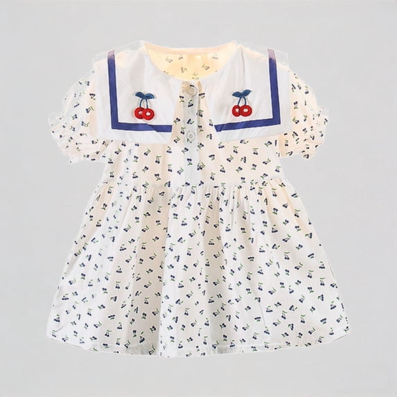 REDARER Toddler Girls' Cherry Embroidered Sailor Collar Dress, Ditsy Floral Print Puff Sleeve A-Line Dress, Summer Bucolic Style Casual Dress for Kids,2-3 Years