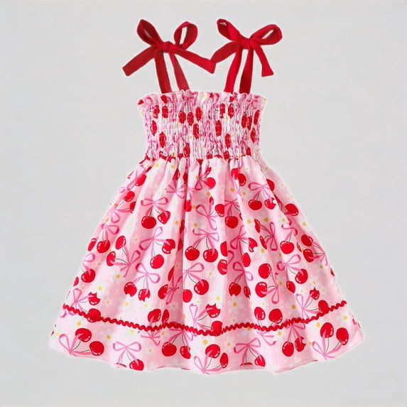 REDARER Toddler Girls Cherry Print Smocked Dress with Bow Straps & Ric Rac Trim Summer Party Outfit,1-2 Years