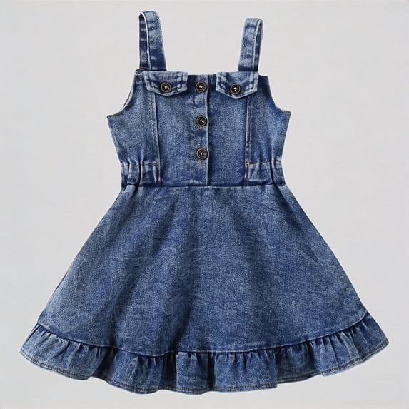 REDARER Toddler Girls' Denim Overall Dress, Sleeveless Button Front Ruffled Hem Princess Dress, Casual Summer Jean Sundress for Kids,2-3 Years