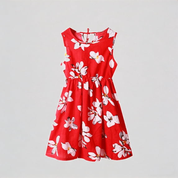 REDARER Toddler Girls' Floral Print Sundress, Crew Neck Sleeveless Ruched Waist Dress, Summer Casual Beach & Party Dress for Kids,6-7 Years