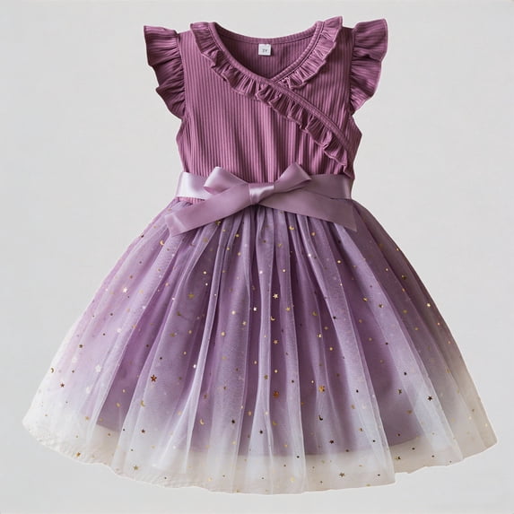 REDARER Toddler Girls' Flutter Sleeve Gradient Tulle Dress with Bowknot, Glitter Star Print Mesh Party Dress for Kids,4-5 Years