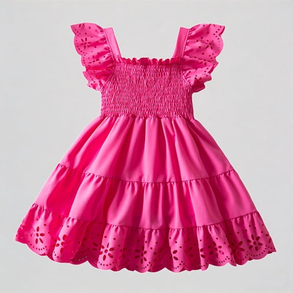 REDARER Toddler Girls' Flutter Sleeve Smocked Dress, Tiered Ruffle Eyelet Trim Dress, Summer Casual Party Dance Dress for Kids,4-5 Years