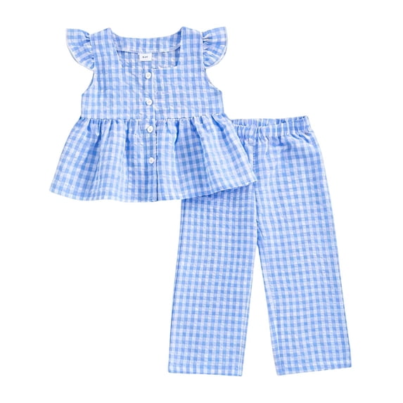 REDARER Toddler Girls Gingham 2-Piece Outfit, Flutter Sleeve Top & Pants Casual Summer Set,18-24 Months