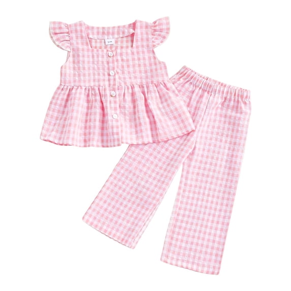 REDARER Toddler Girls Gingham 2-Piece Outfit, Flutter Sleeve Top & Pants Casual Summer Set,2-3 Years