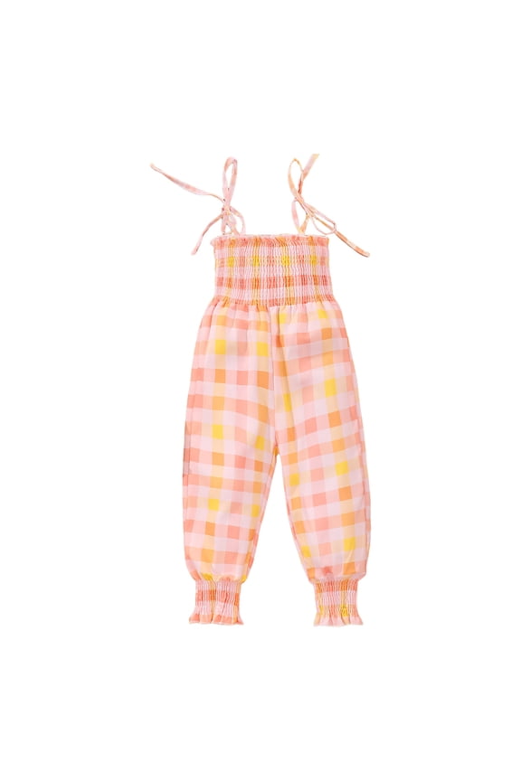 Toddler Girls' Gingham Print Jumpsuit Smocked Waist Tie-Strap Sleeveless Romper,2-3 Years