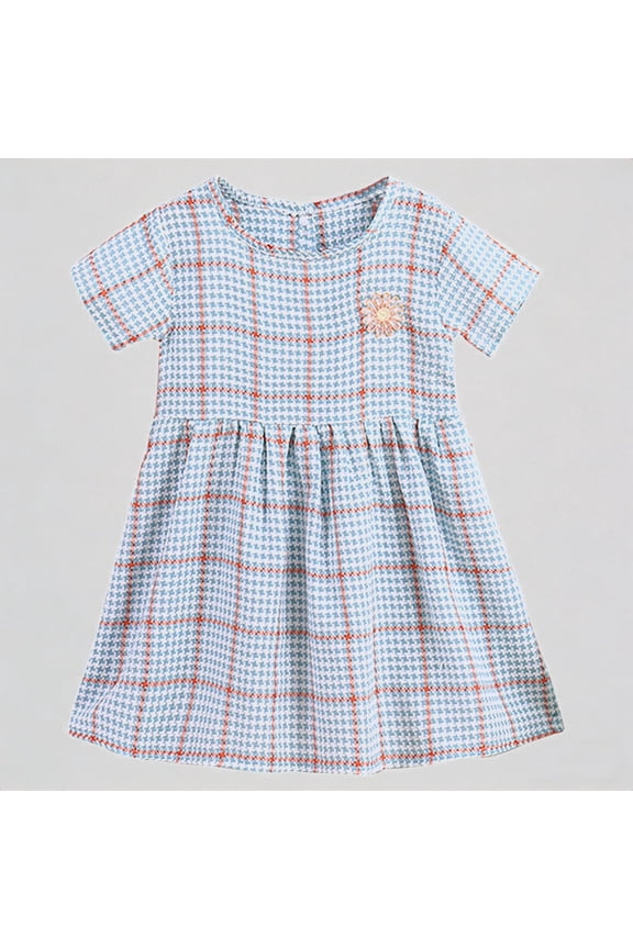 Toddler Girls' Houndstooth Plaid Dress, Short Sleeve Sunflower Embroidery A-Line Dress, Summer Casual Party Princess Dress for Kids,6-7 Years