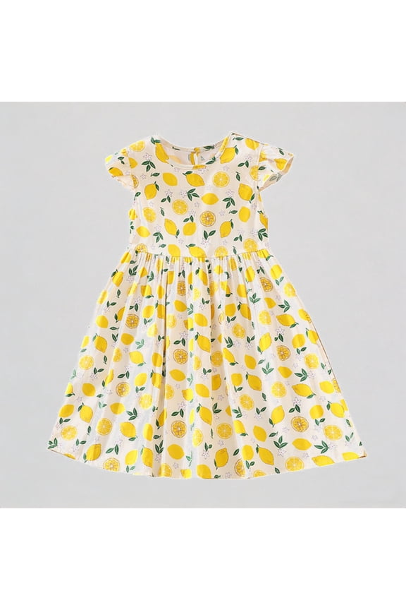 Toddler Girls' Lemon Print Dress, Ruffle Short Sleeve Fruit Print A-Line Dress, Summer Casual Home Dress for Kids,3-4 Years