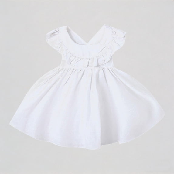 REDARER Toddler Girls' Linen Dress with Ruffled Flutter Sleeves & Cross-Back Design, Comfortable Casual Summer Playwear Kids Outfit,2-3 Years