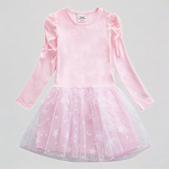 REDARER Toddler Girls' Long Puff Sleeve Tutu Dress, Star & Moon Print Mesh Skirt, Casual Party Princess Dress for Kids,18-24 Months