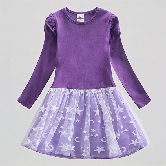 REDARER Toddler Girls' Long Puff Sleeve Tutu Dress, Star & Moon Print Mesh Skirt, Casual Party Princess Dress for Kids,6-7 Years