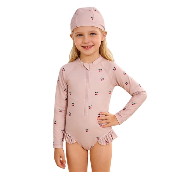 REDARER Toddler Girls Long Sleeve Rash Guard Swimsuit Cherry Print Ruffle Hem Front Zipper With Sun Hat,5-6 Years