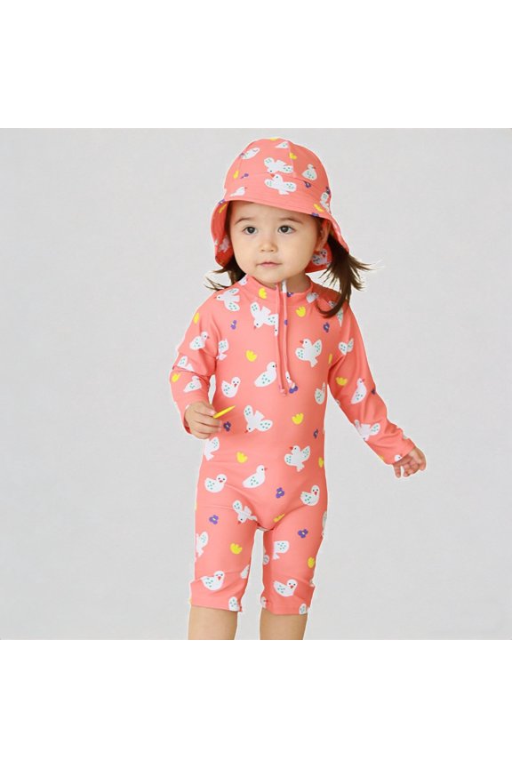 Toddler Girls Long-Sleeve Sunsuit – Seagull Print Full-Coverage Design, Sun Protection for Pool, Beach & Lake Activities,3-4 Years