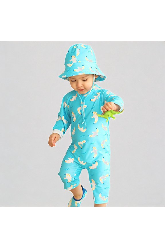 Toddler Girls Long-Sleeve Sunsuit – Seagull Print Full-Coverage Design, Sun Protection for Pool, Beach & Lake Activities,5-6 Years