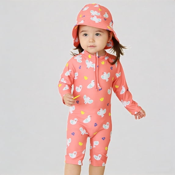 REDARER Toddler Girls Long-Sleeve Sunsuit – Seagull Print Full-Coverage Design, Sun Protection for Pool, Beach & Lake Activities,6-7 Years