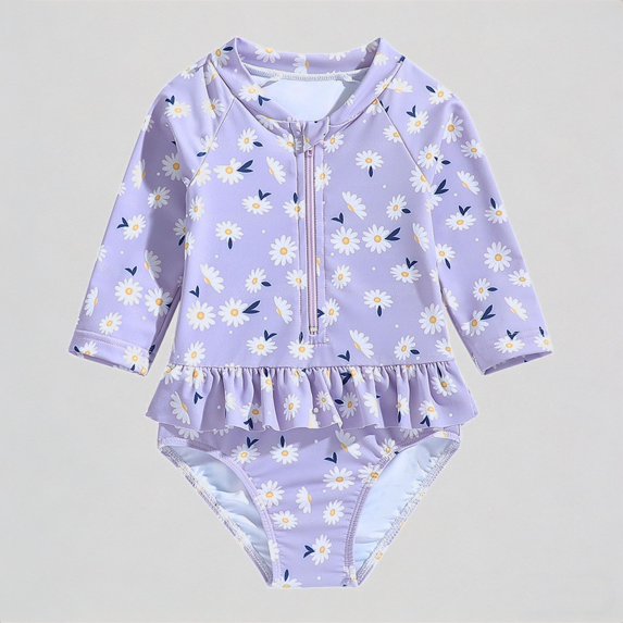 REDARER Toddler Girls Long-Sleeve Swimsuit: Daisy Print, Zipper Front, Ruffled Hem – UV Protective Summer Beach Bathing Swimwear,3-4 Years