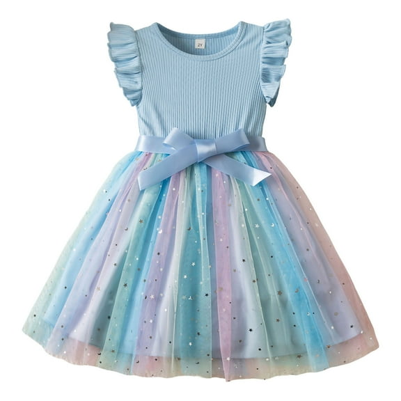 REDARER Toddler Girls Mesh Party Dress with Bowknot & Glitter Stars â Fly Sleeve Gradient Princess Outfit for Birthday Holiday Photo ,Color:Q8 Blue,Size:4-5 Years