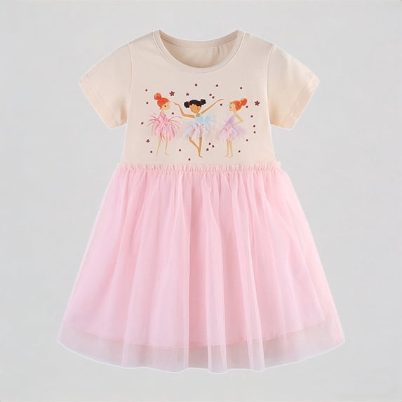 REDARER Toddler Girls' Short Sleeve Ballerina Print Dress, Tulle Tutu Dress, Casual Dance Party Dress for Kids,4-5 Years