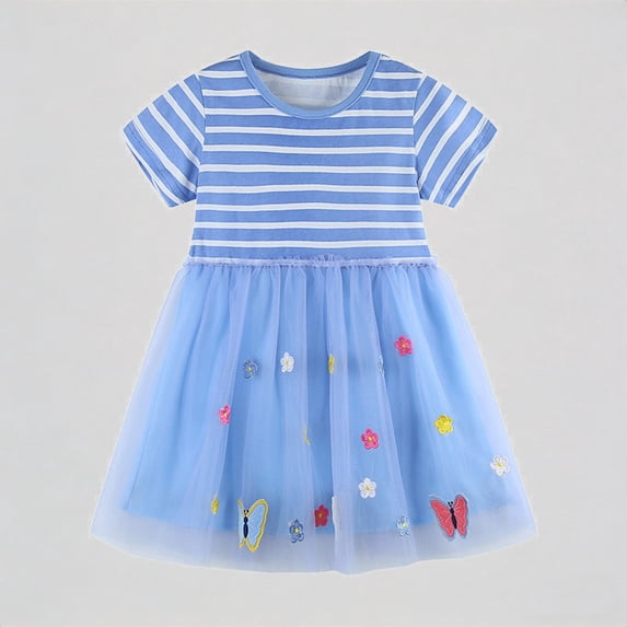 REDARER Toddler Girls' Short Sleeve Stripe Dress, Embroidered Butterfly & Floral Tulle Princess Dress, Summer Casual Party Dress for Kids,4-5 Years