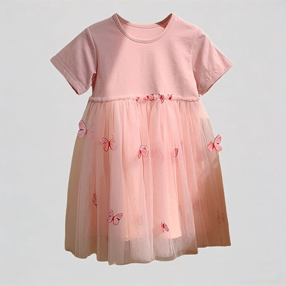 REDARER Toddler Girls' Short Sleeve Tulle Dress, 3D Butterfly Applique Princess Dress, Summer Casual Party Dress for Kids,7-8 Years