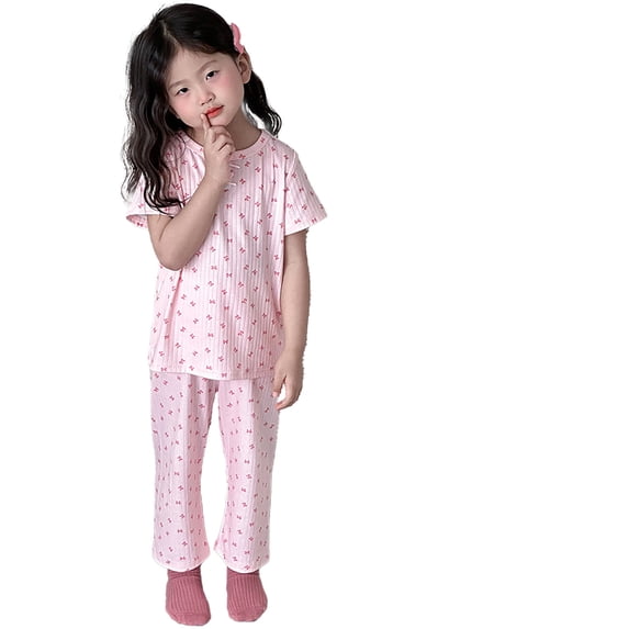 REDARER Toddler Girls Soft Cotton Ribbed Sleepwear, Floral Print Short Sleeve Top & Pants Pajama Set,3-4 Years
