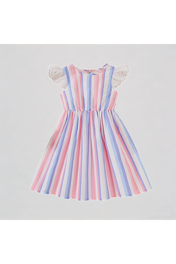 Toddler Girls' Summer Casual Sleeveless Colorful Stripe Dress with Eyelet Lace Flutter Sleeves Elastic Waist Outdoor Play School Daily Wear Kids Dress,2-3 Years