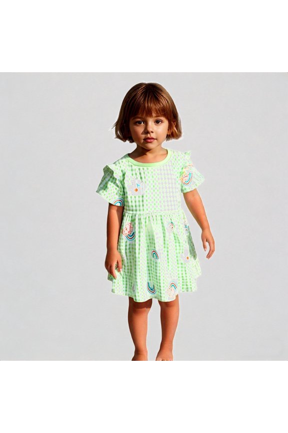 Toddler Girls' Summer Plaid Dress with Flutter Sleeves Rainbow & Cloud Print Round Neck Loose Fit Casual Cute Kids Outfit,1-2 Years