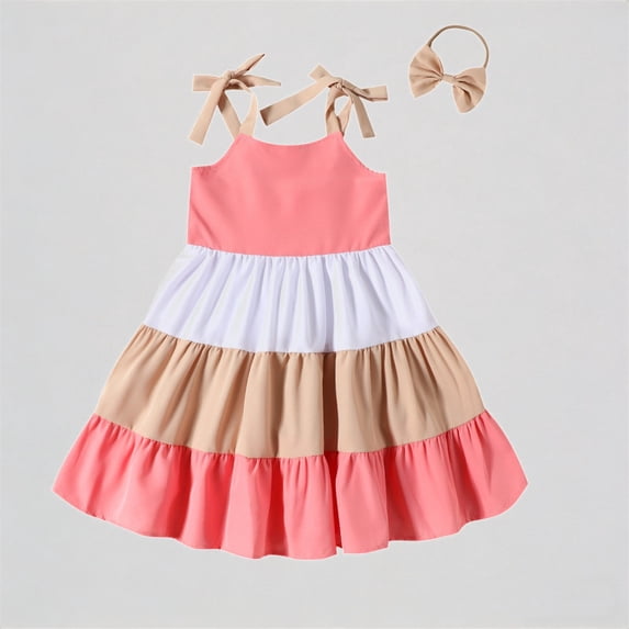 REDARER Toddler Girls Tiered Dress with Bow Straps & Matching Headband 4th of July Patriotic Outfit,3-4 Years