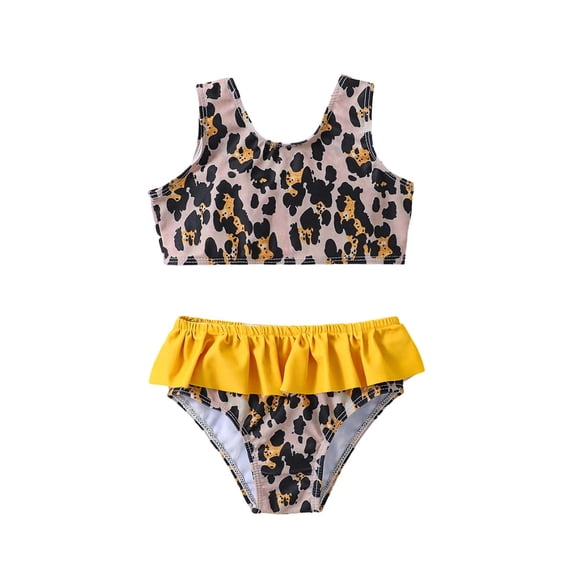 REDARER Toddler Girls Two Piece Swimsuit Leopard Print Yellow Ruffle Trim Cute Bikini Set Summer Beach Swimwear,18-24 Months
