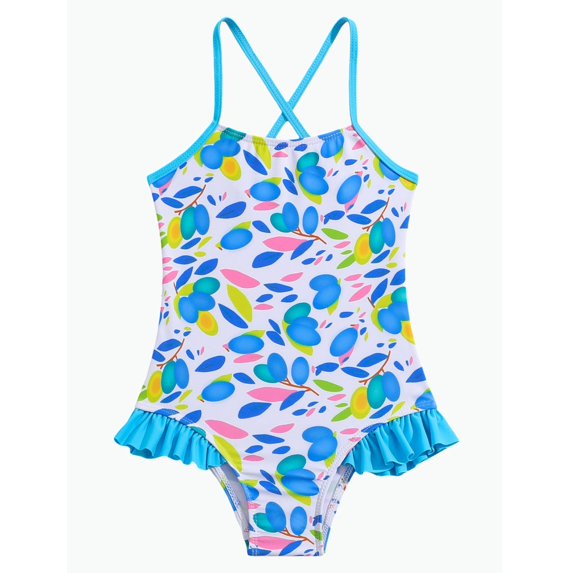 REDARER Tropical Leaf Print Crisscross Back One Piece Swimsuit, Ruffle Hem Cute Bathing Suit for Girls Kids Summer Vacation,18-24 Months
