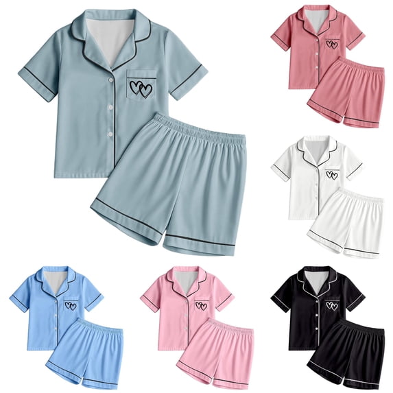 REDARER Tween Girls Lapel Button Satin Pajama Set Short Sleeve Shorts Solid Piping Twin Heart Pocket Print Soft Summer Sleep Loungewear For Kids,12-13 Years