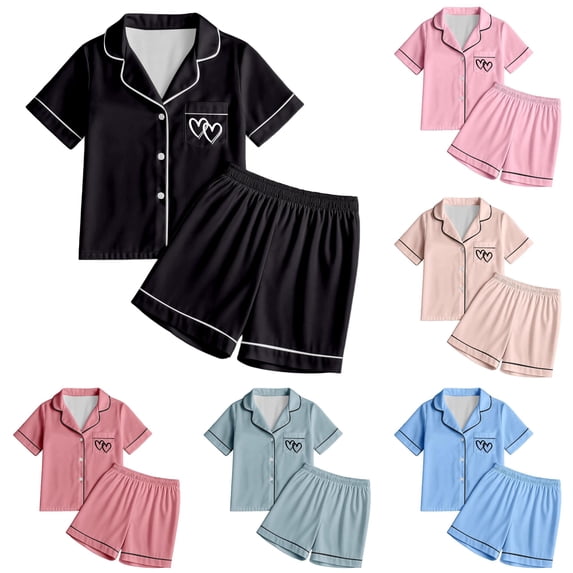 REDARER Tween Girls Lapel Button Satin Pajama Set Short Sleeve Shorts Solid Piping Twin Heart Pocket Print Soft Summer Sleep Loungewear For Kids,12-13 Years
