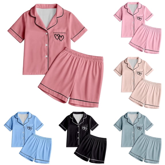 REDARER Tween Girls Lapel Button Satin Pajama Set Short Sleeve Shorts Solid Piping Twin Heart Pocket Print Soft Summer Sleep Loungewear For Kids,8-9 Years