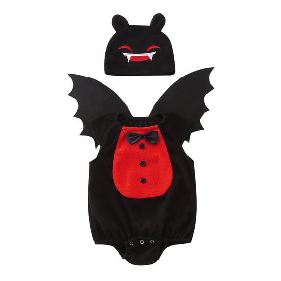 REDARER Unisex Baby Halloween Vampire Bat Sleeveless Romper Bodysuit 3 Piece Outfit Set with Wings and Hat for Cosplay Party Photoshoot Dress Up,18-24 Months