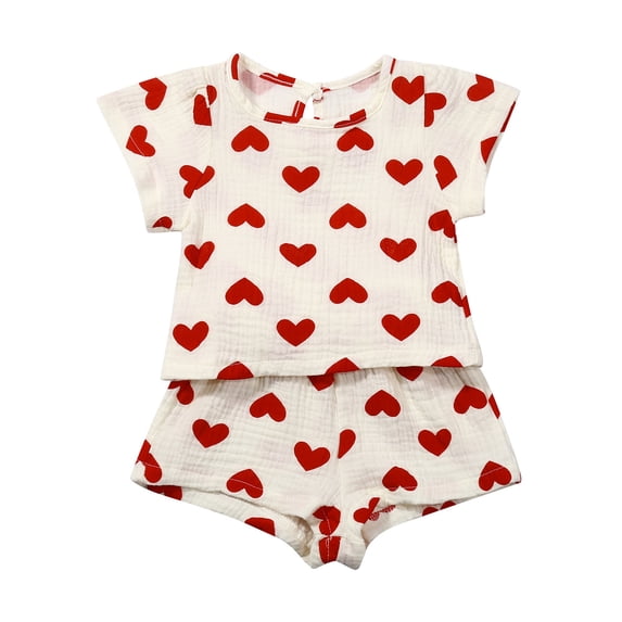 REDARER Unisex Baby Summer Heart Print Muslin Cotton Short Sleeve Top & Shorts 2PC Casual Outfit Set,12-18 Months