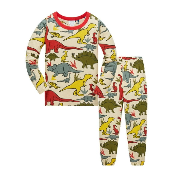 REDARER Unisex Dinosaur Cartoon Print Round Neck Long Sleeve Two Piece Pajama Set - Soft Comfortable Sleepwear for Everyday Loungewear,Size:3-4 Years